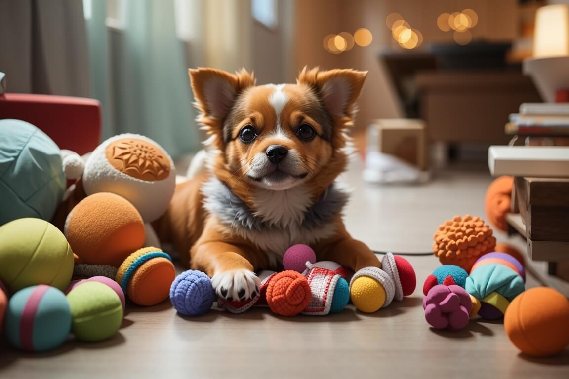 a little puppy with pet items 