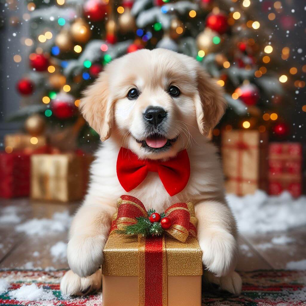 a dog with a holiday gift