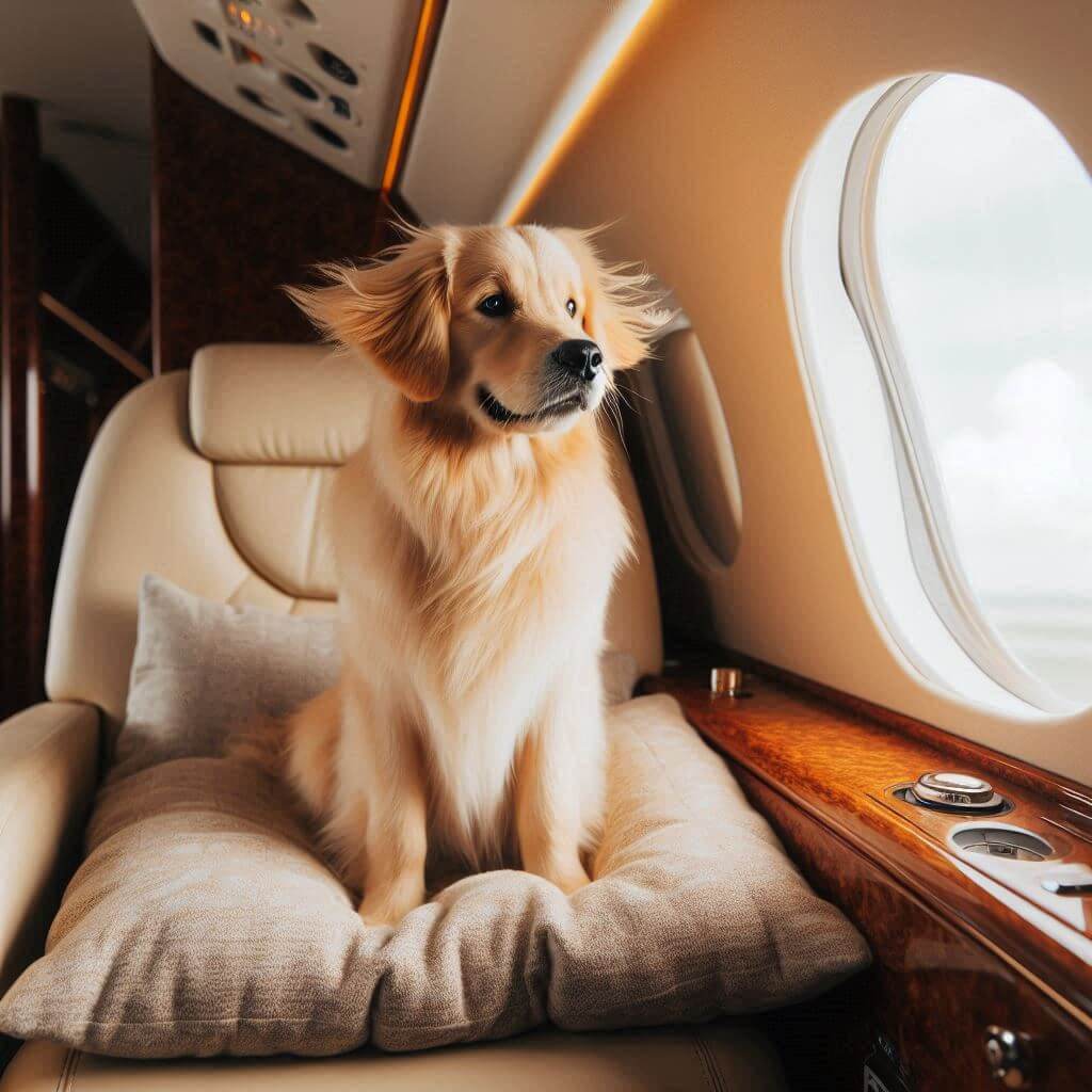 dog is sitting in the cabin of the plane